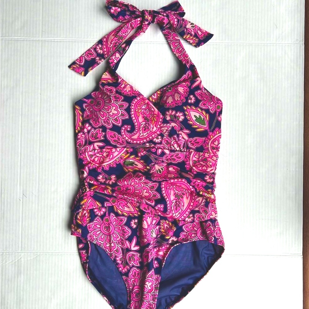 Boden Levanzo Ruched Halter Swimsuit in Pink Paisley